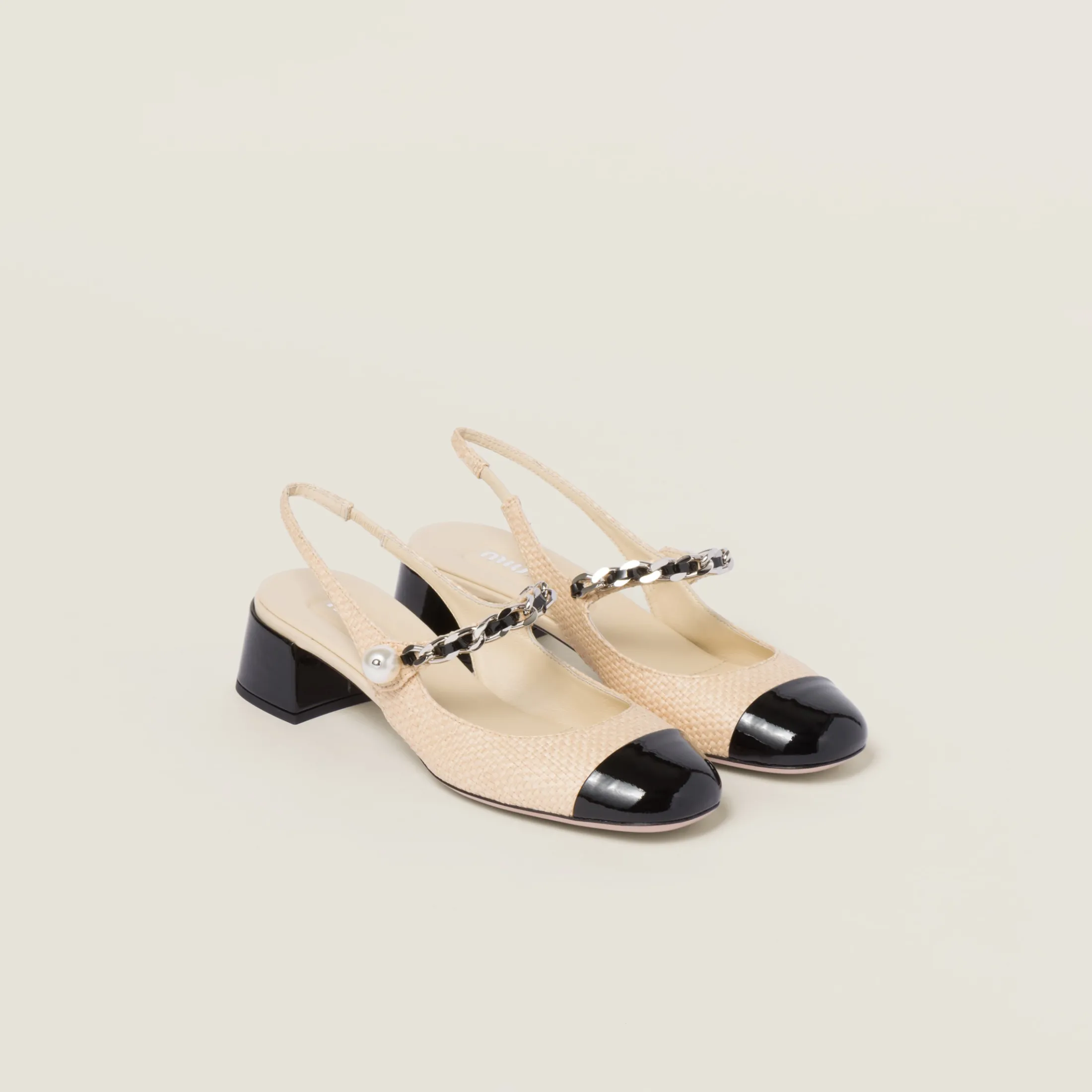 Tan/black Patent Leather And Raffia Slingback Pumps | Miu Miu