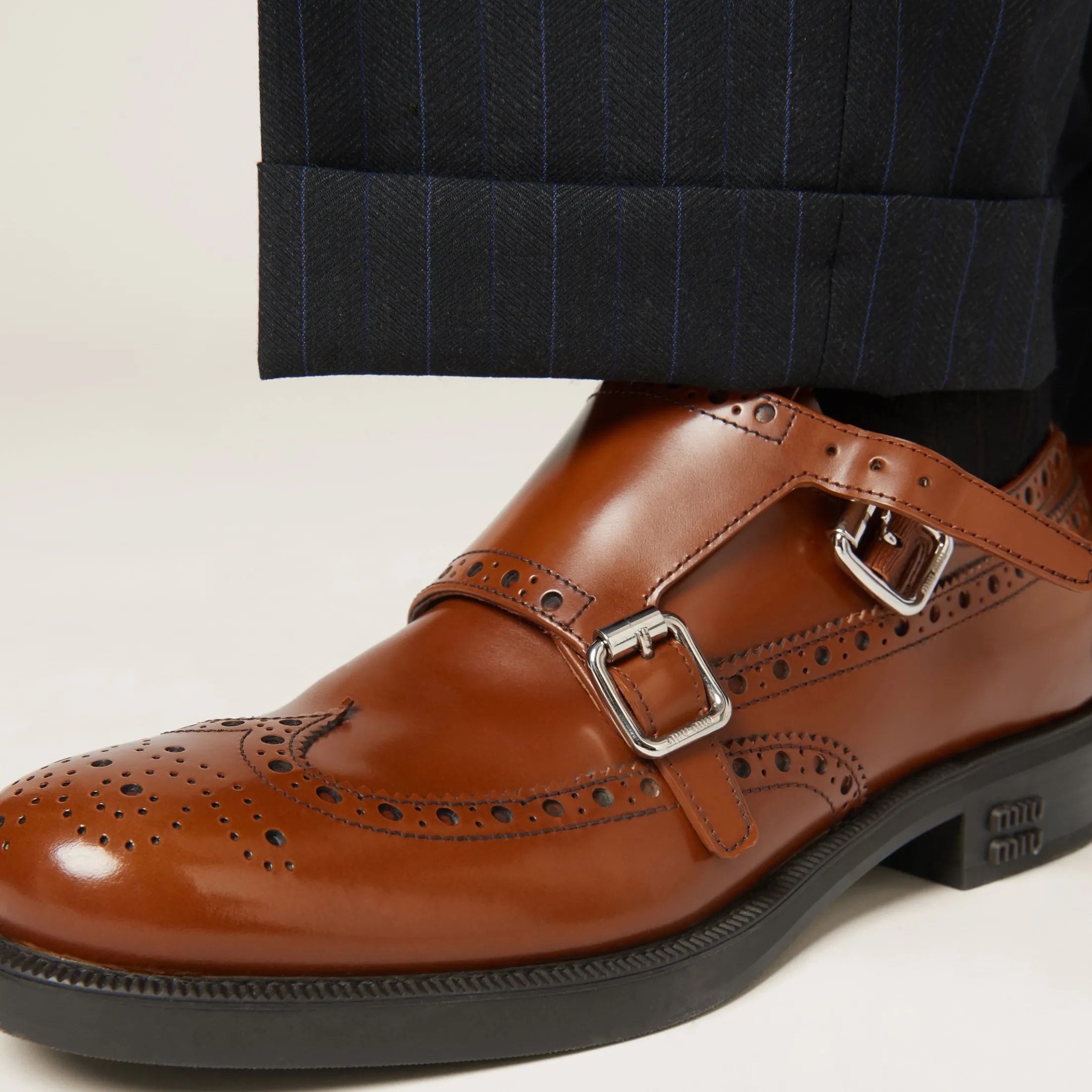 Tobacco Church's X Miu Miu Brushed Leather Double Monk Brogue Shoes | Miu Miu