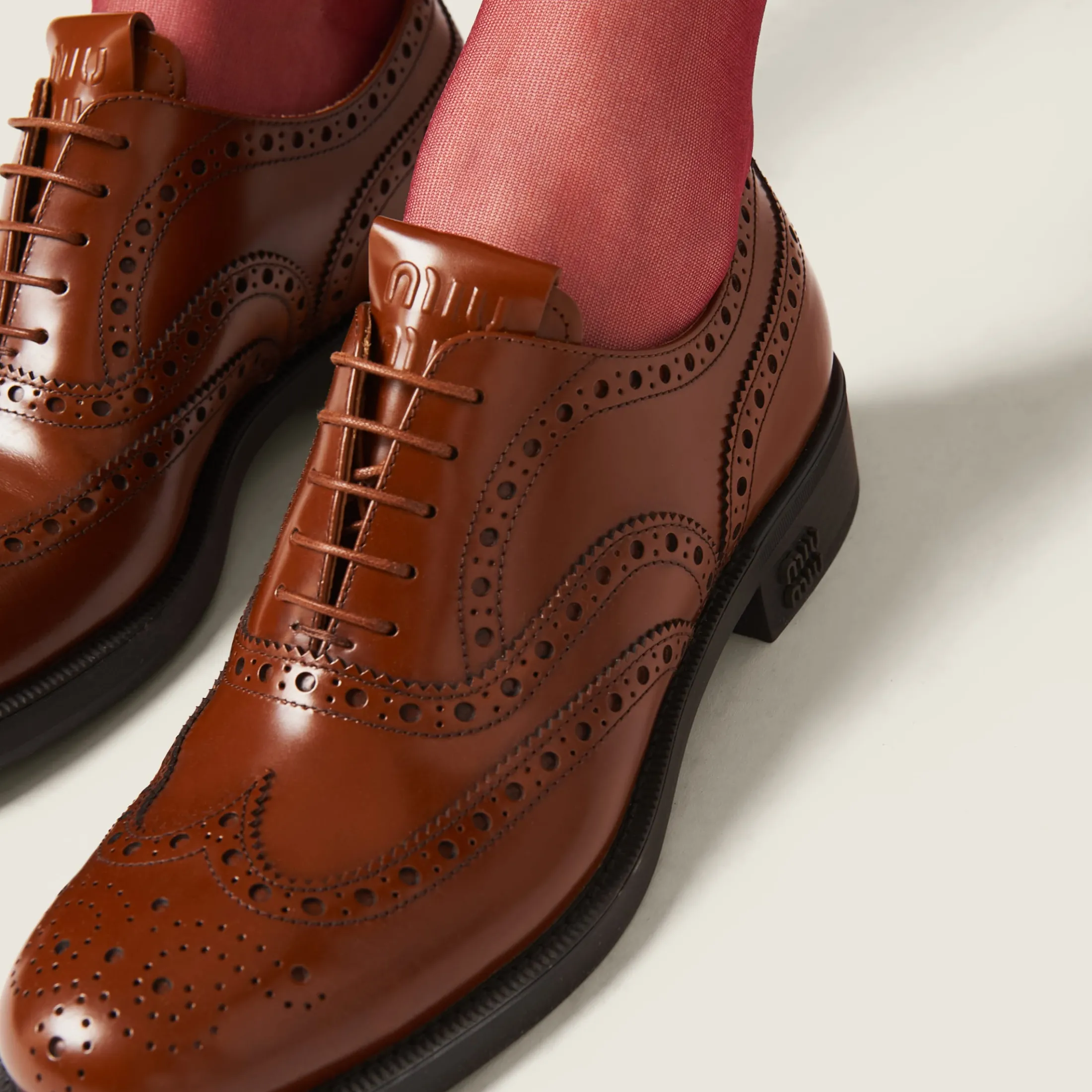 Tobacco Church's X Miu Miu Brushed Leather Oxford Brogue Shoes | Miu Miu