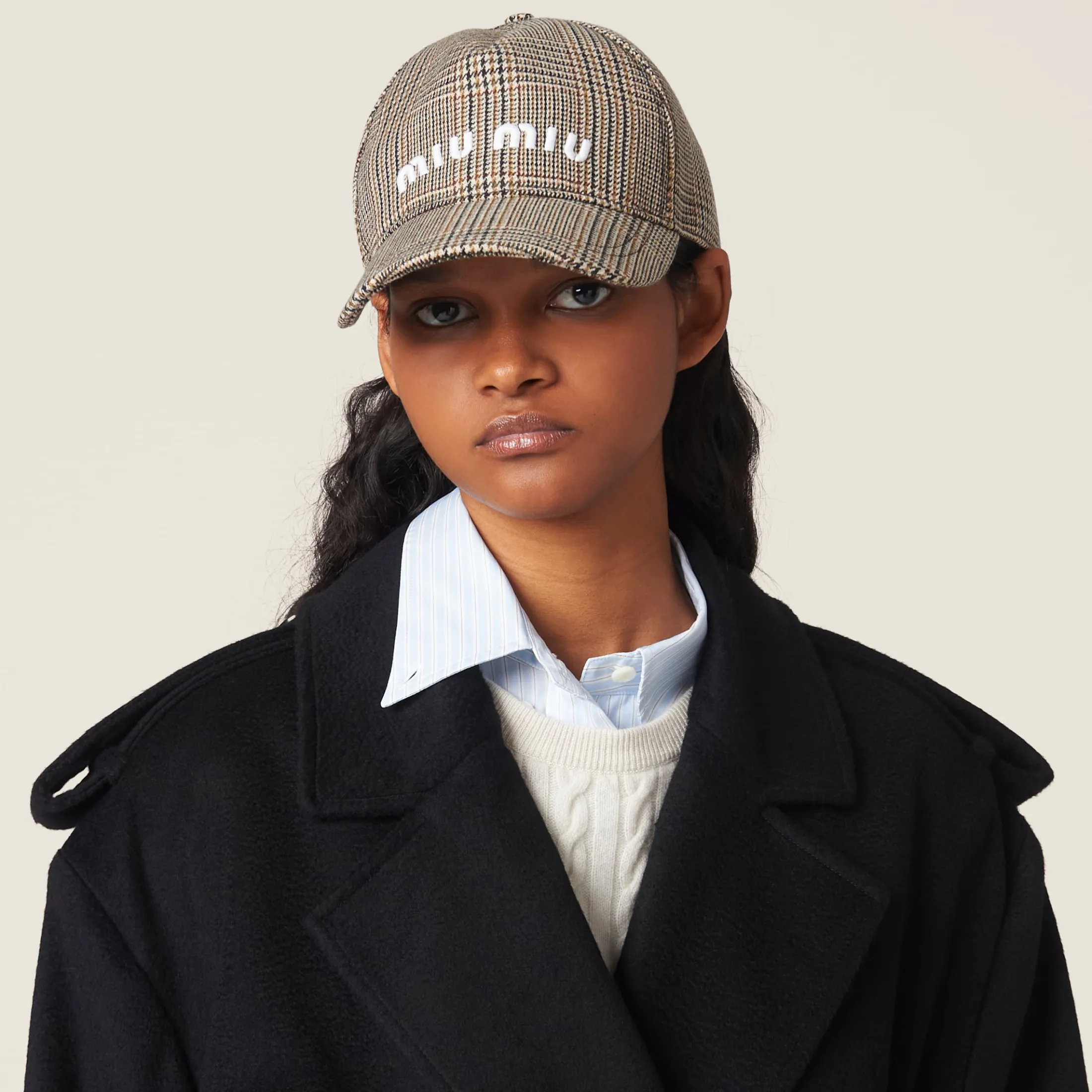 Tobacco Prince Of Wales Checked Wool Baseball Cap | Miu Miu