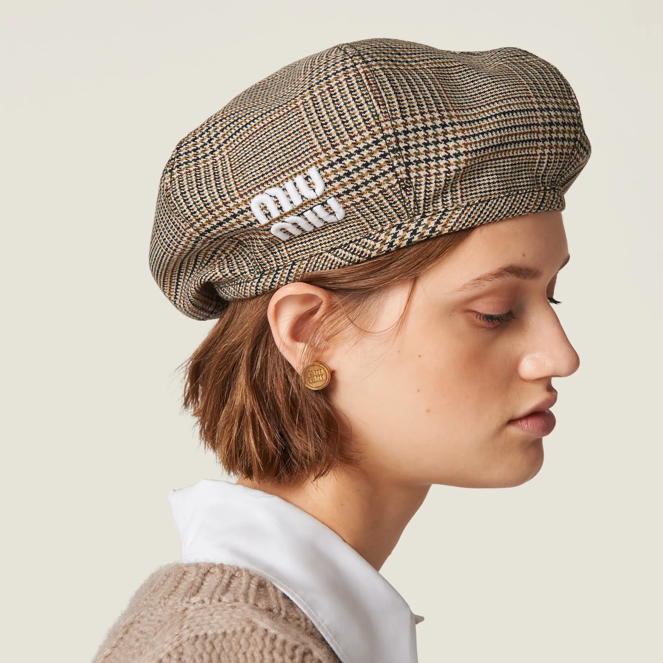 Tobacco Prince Of Wales Checked Wool Hat | Miu Miu