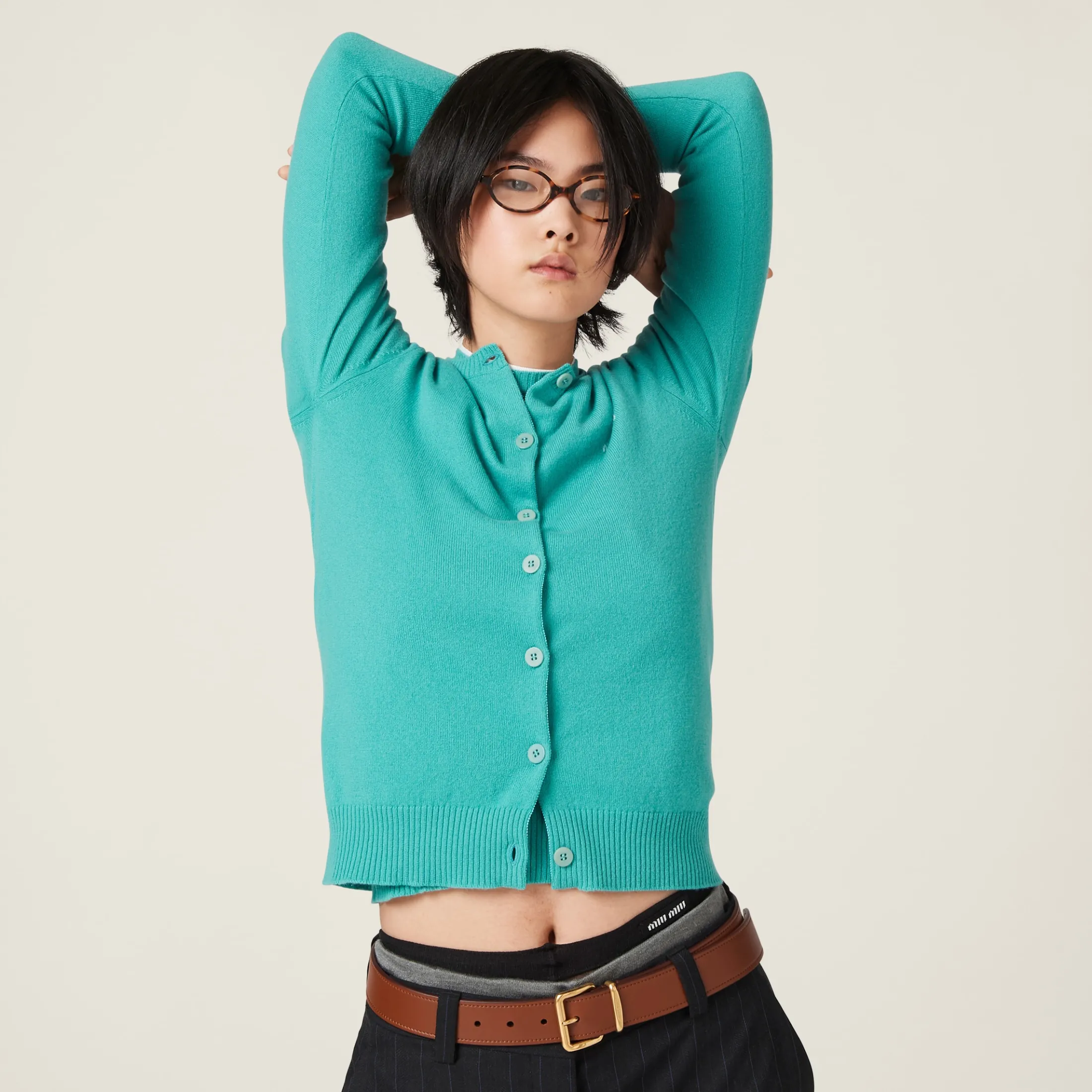 Turquoise Cashmere Knit Cardigan | Miu Miu
