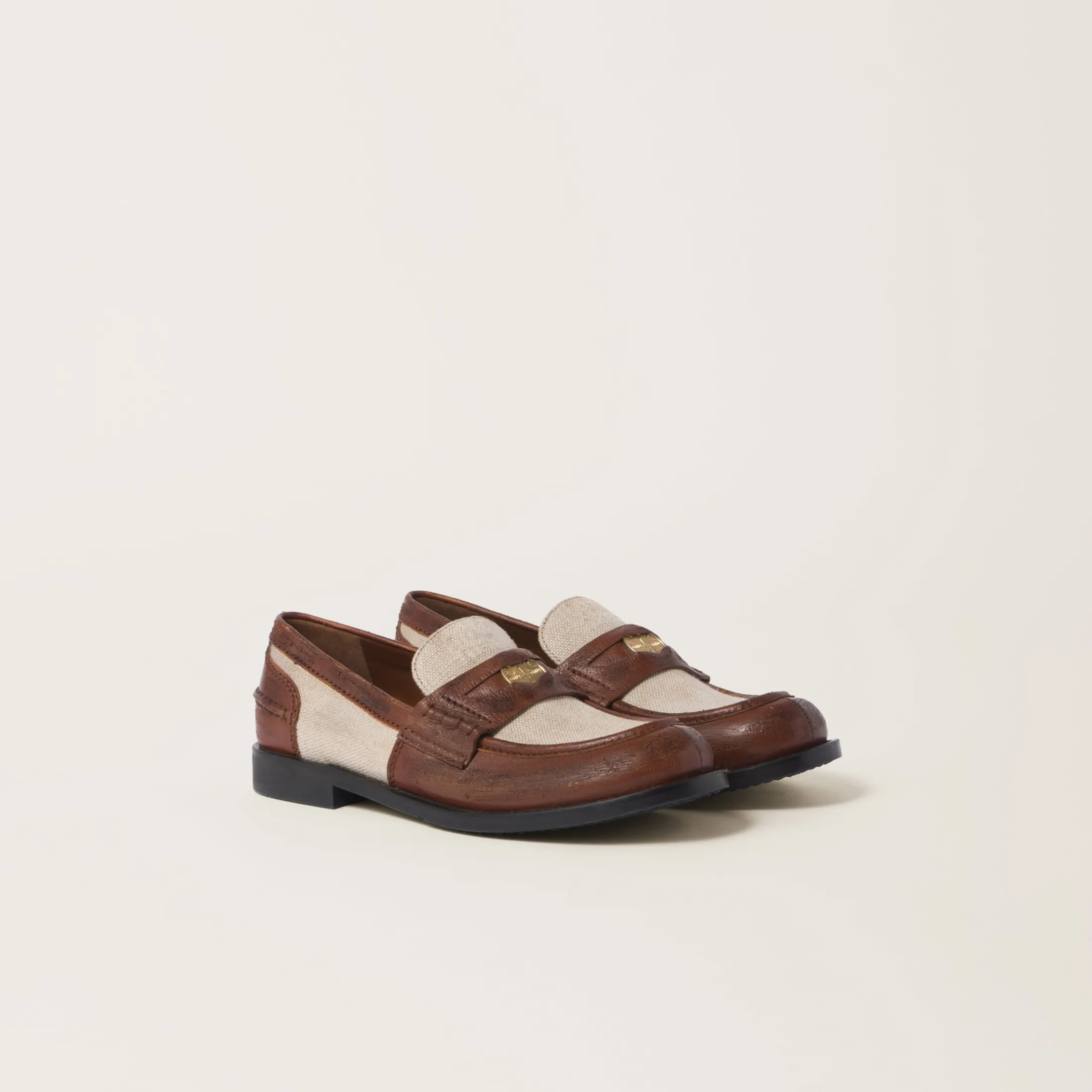 Walnut Brown / Cord Leather And Linen Loafers | Miu Miu