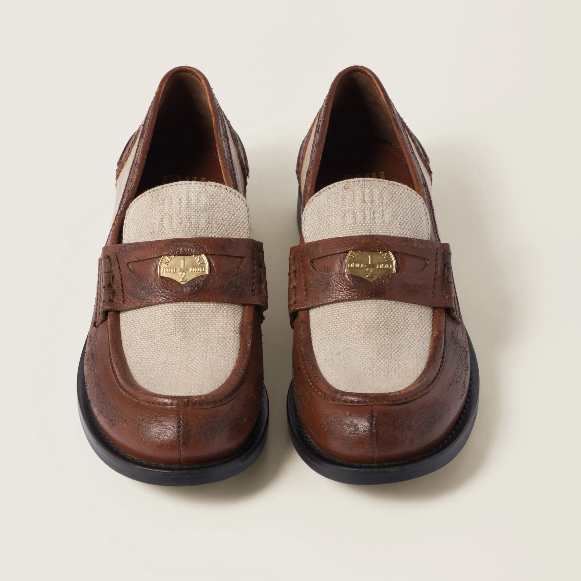 Walnut Brown / Cord Leather And Linen Loafers | Miu Miu