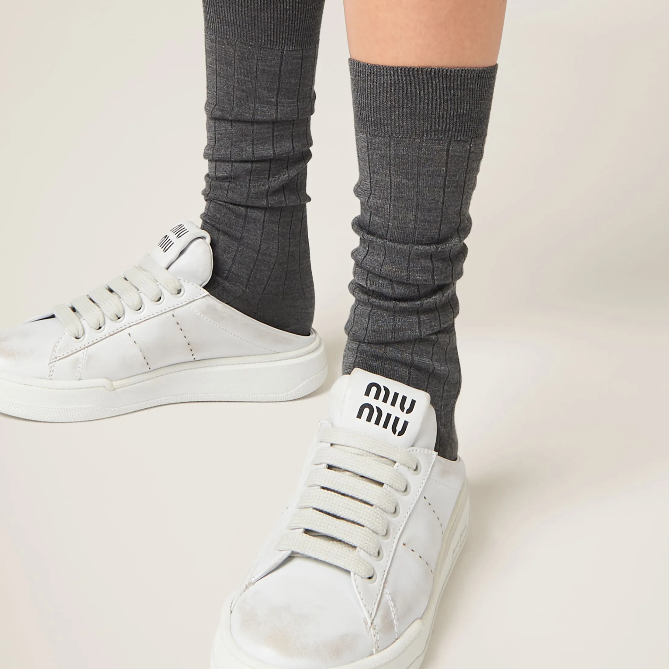 White Bleached Leather Sneakers | Miu Miu