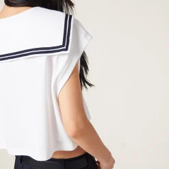 White Cotton Jersey Top With Embroidered Logo | Miu Miu
