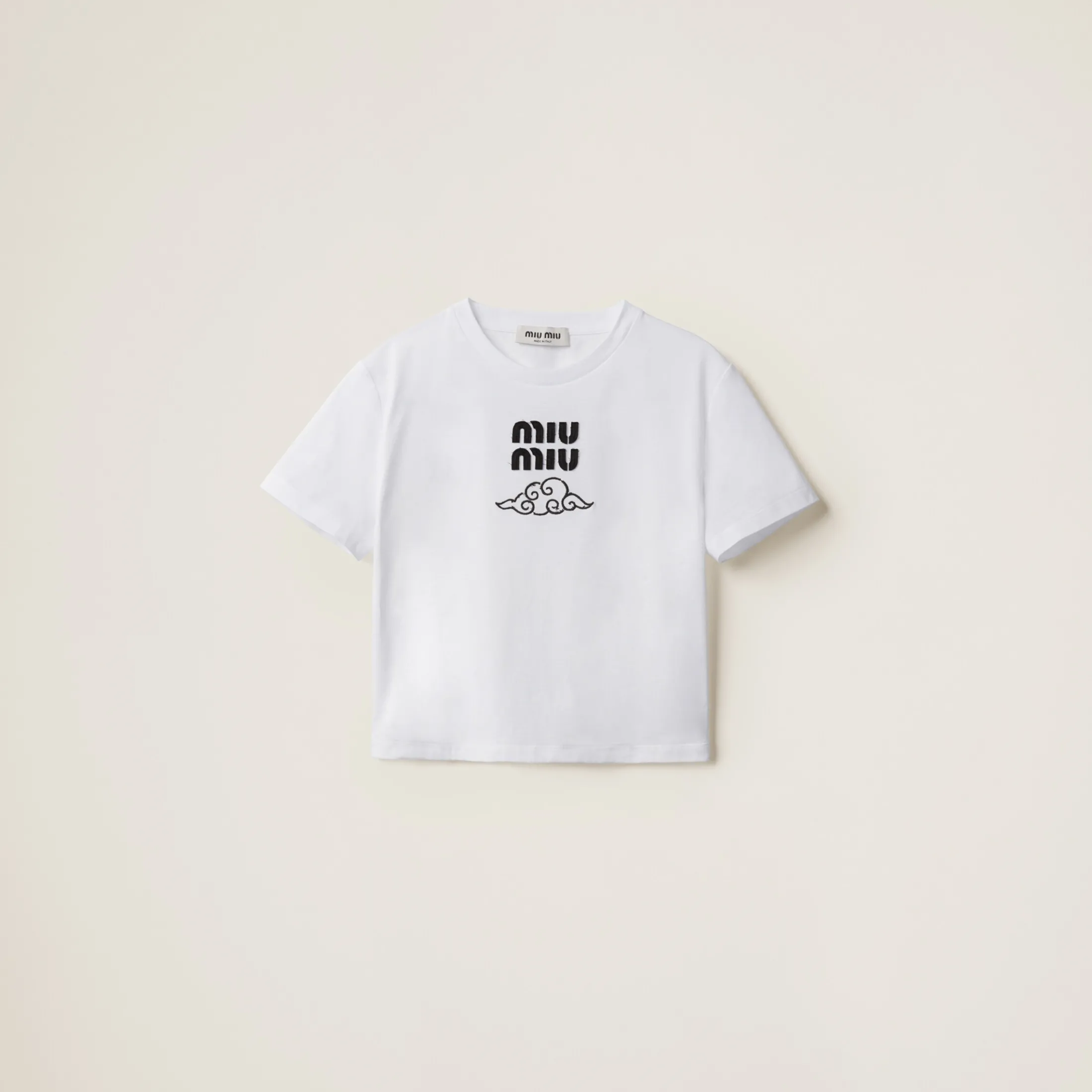 White Embroidered Cotton T-shirt | Miu Miu