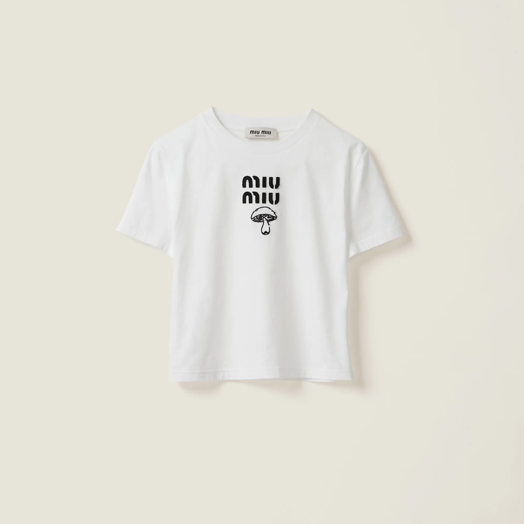 White Embroidered Cotton T-shirt | Miu Miu
