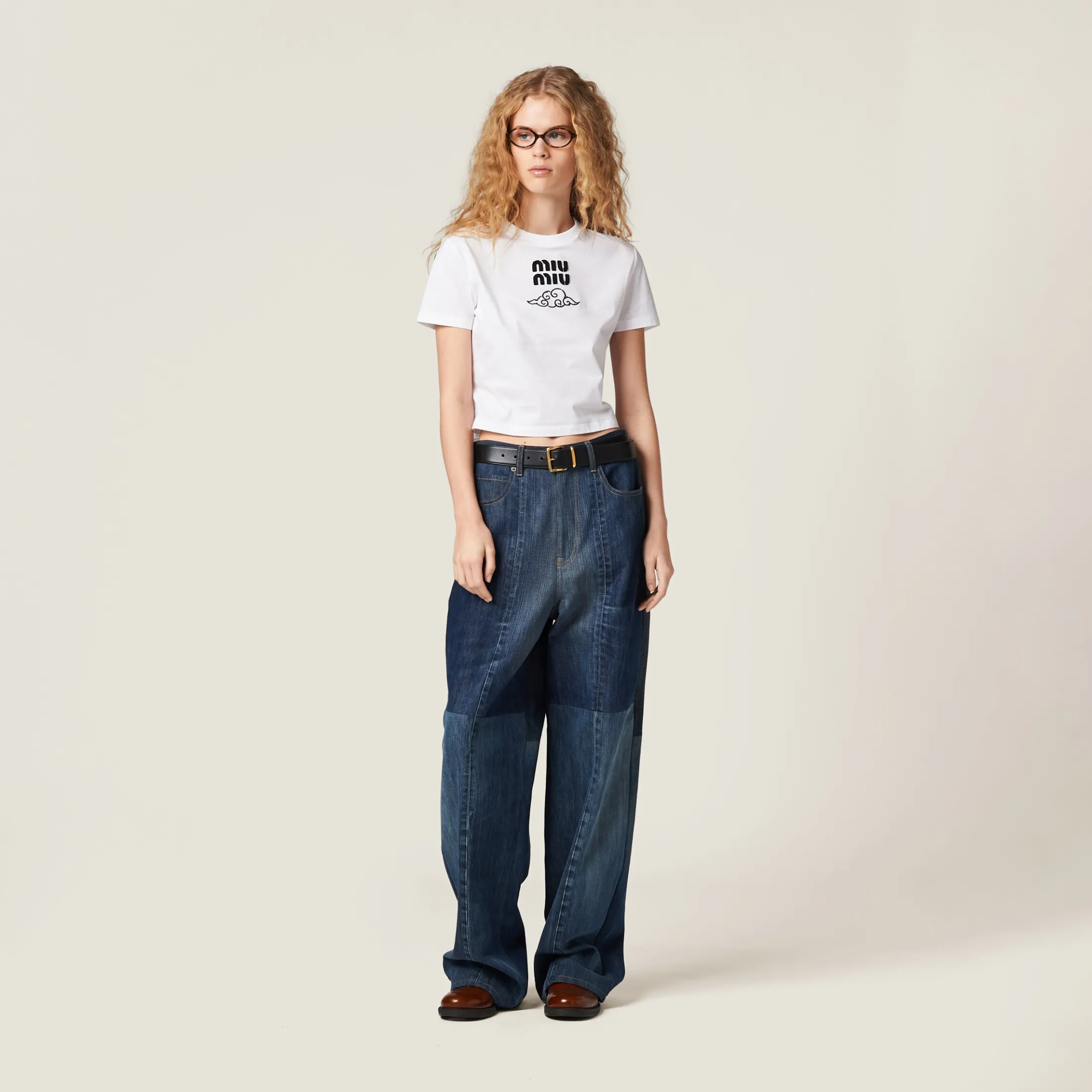 White Embroidered Cotton T-shirt | Miu Miu