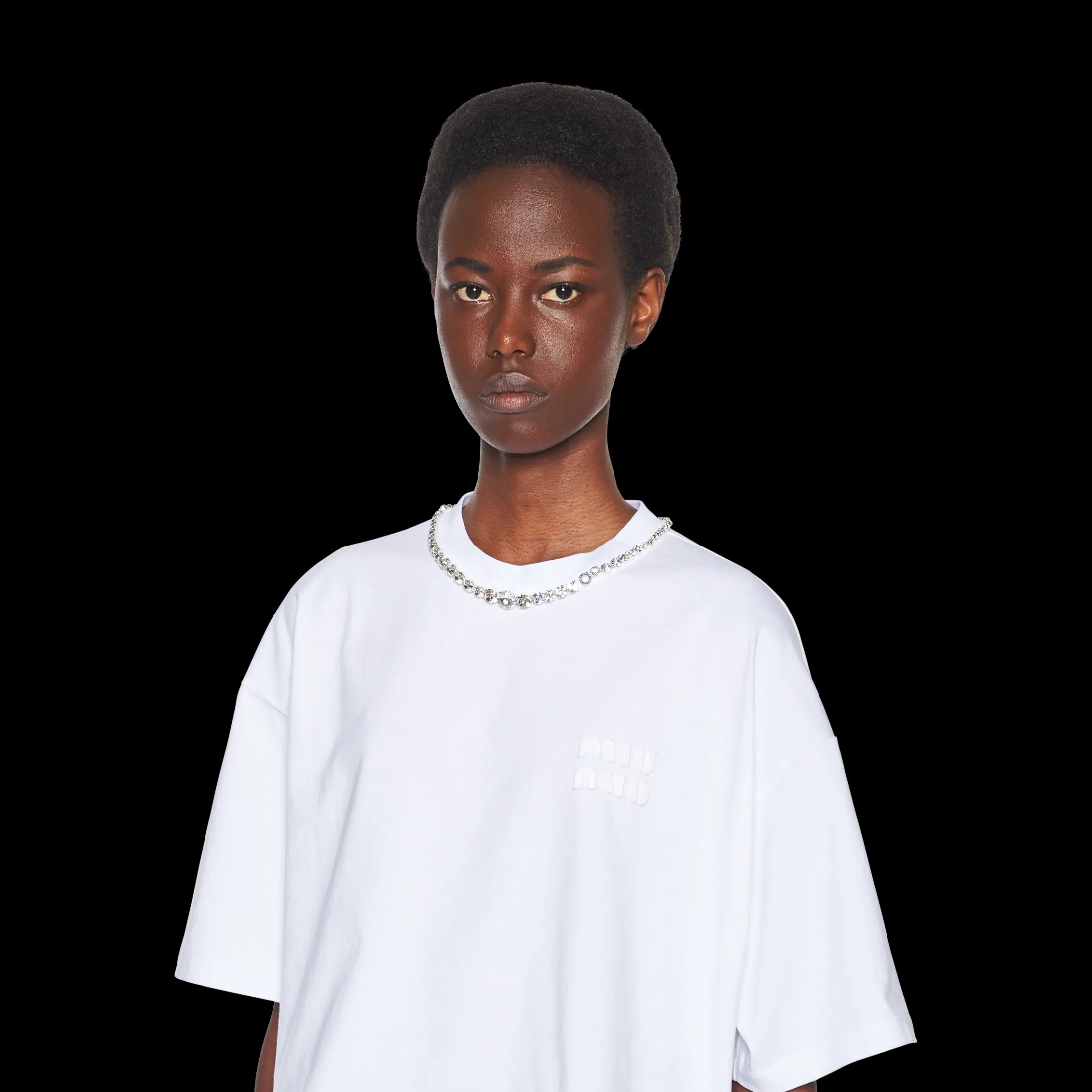 White Embroidered Cotton T-shirt | Miu Miu