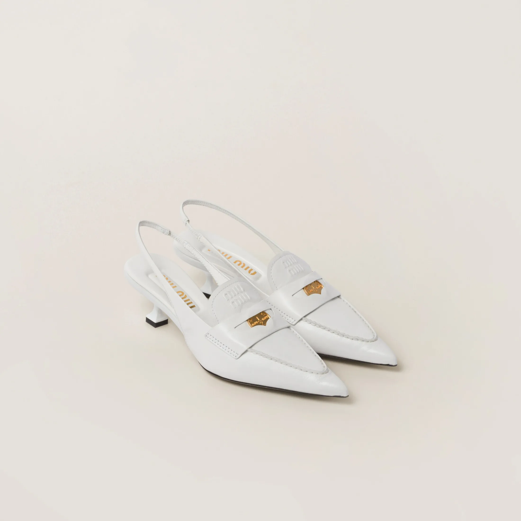 White Leather Penny Loafers With Heel | Miu Miu