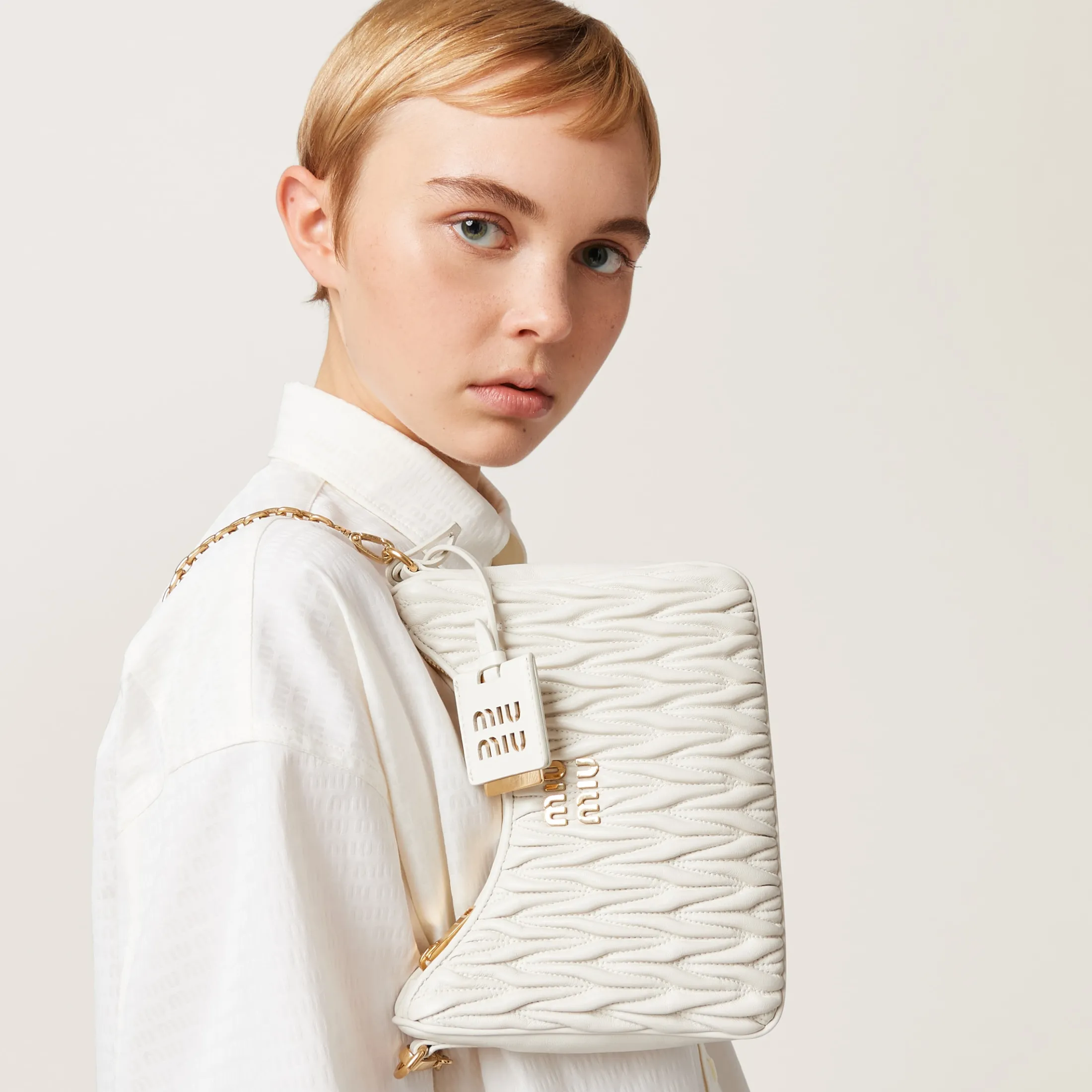 White Matelassé Nappa Leather Shoulder Bag | Miu Miu