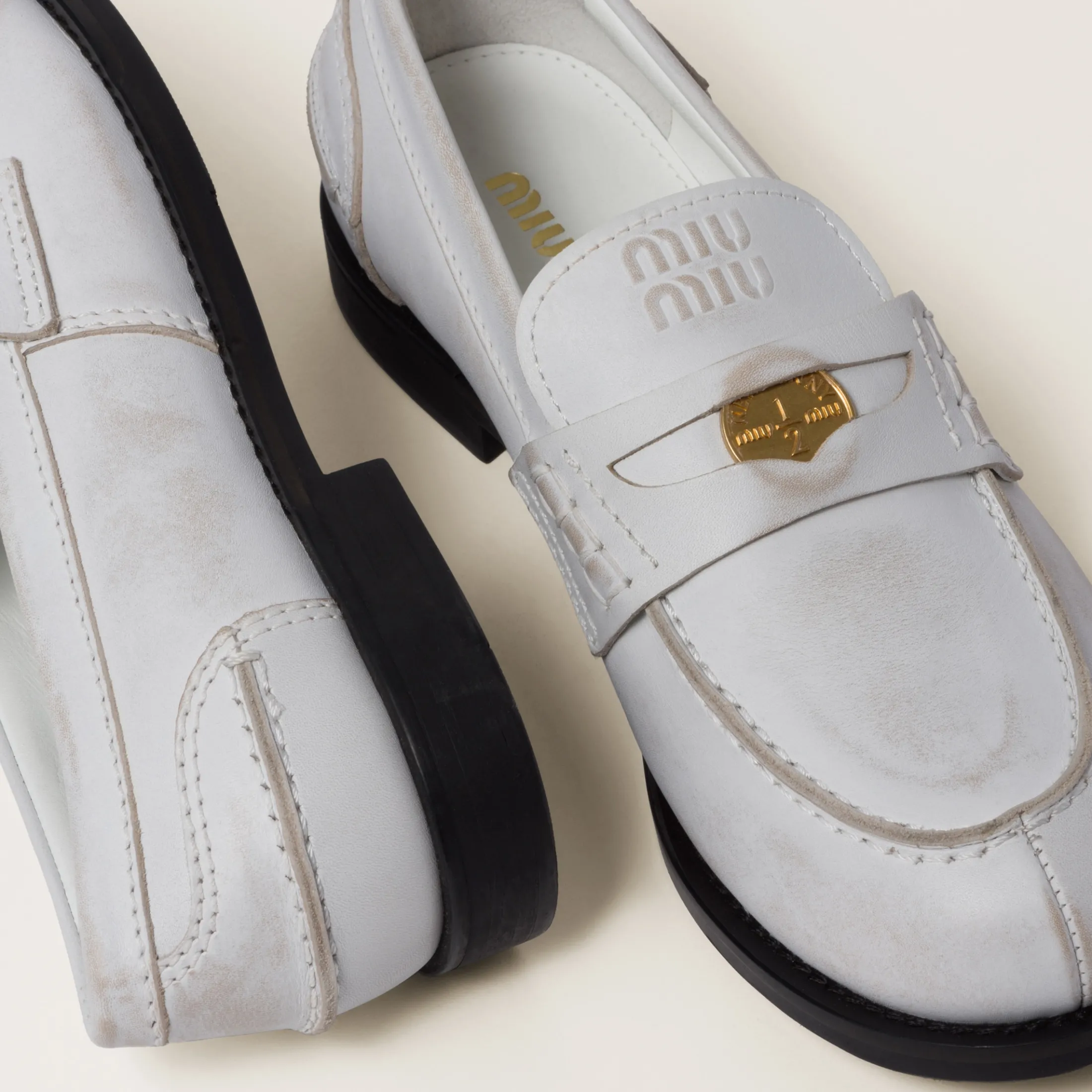 White Vintage-effect Leather Penny Loafers | Miu Miu
