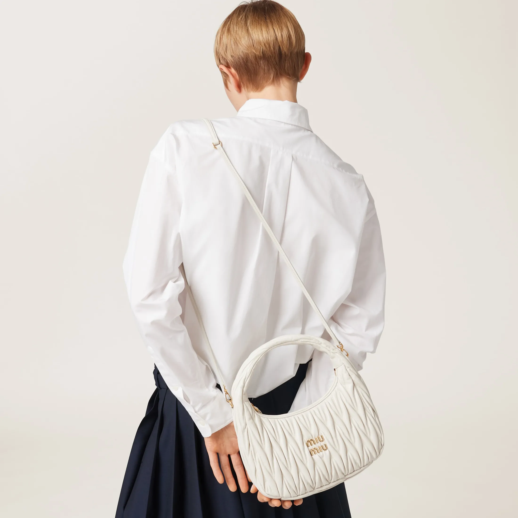 White Wander Matelassé Nappa Leather Hobo Bag | Miu Miu