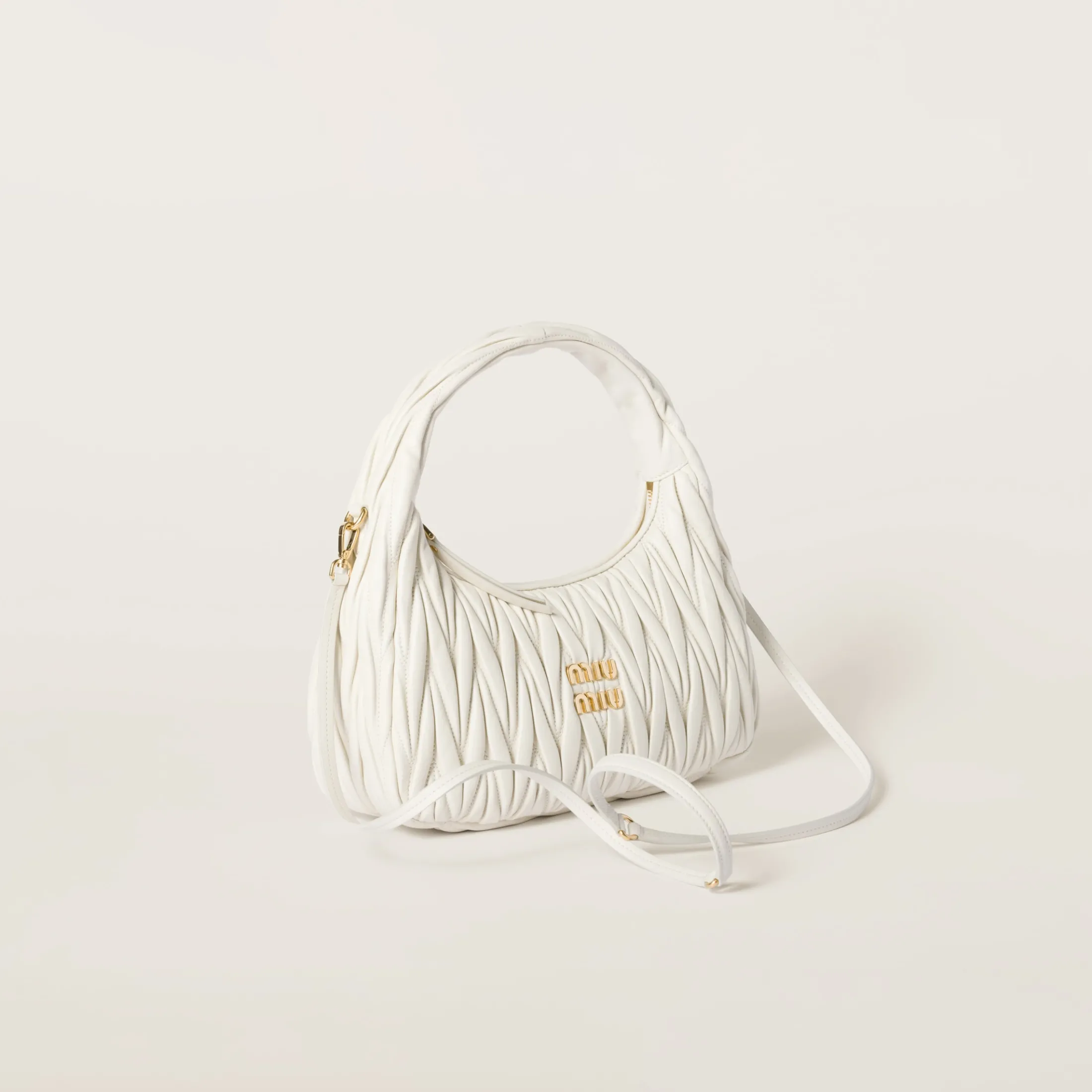 White Wander Matelassé Nappa Leather Hobo Bag | Miu Miu