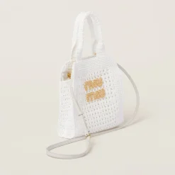 White/beige Raffia-effect Crochet Fabric Tote Bag | Miu Miu
