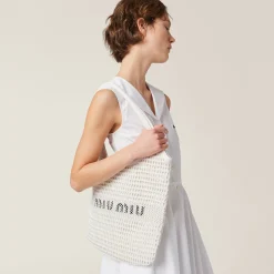 White/beige Woven Fabric And Linen Mini-tote Bag | Miu Miu