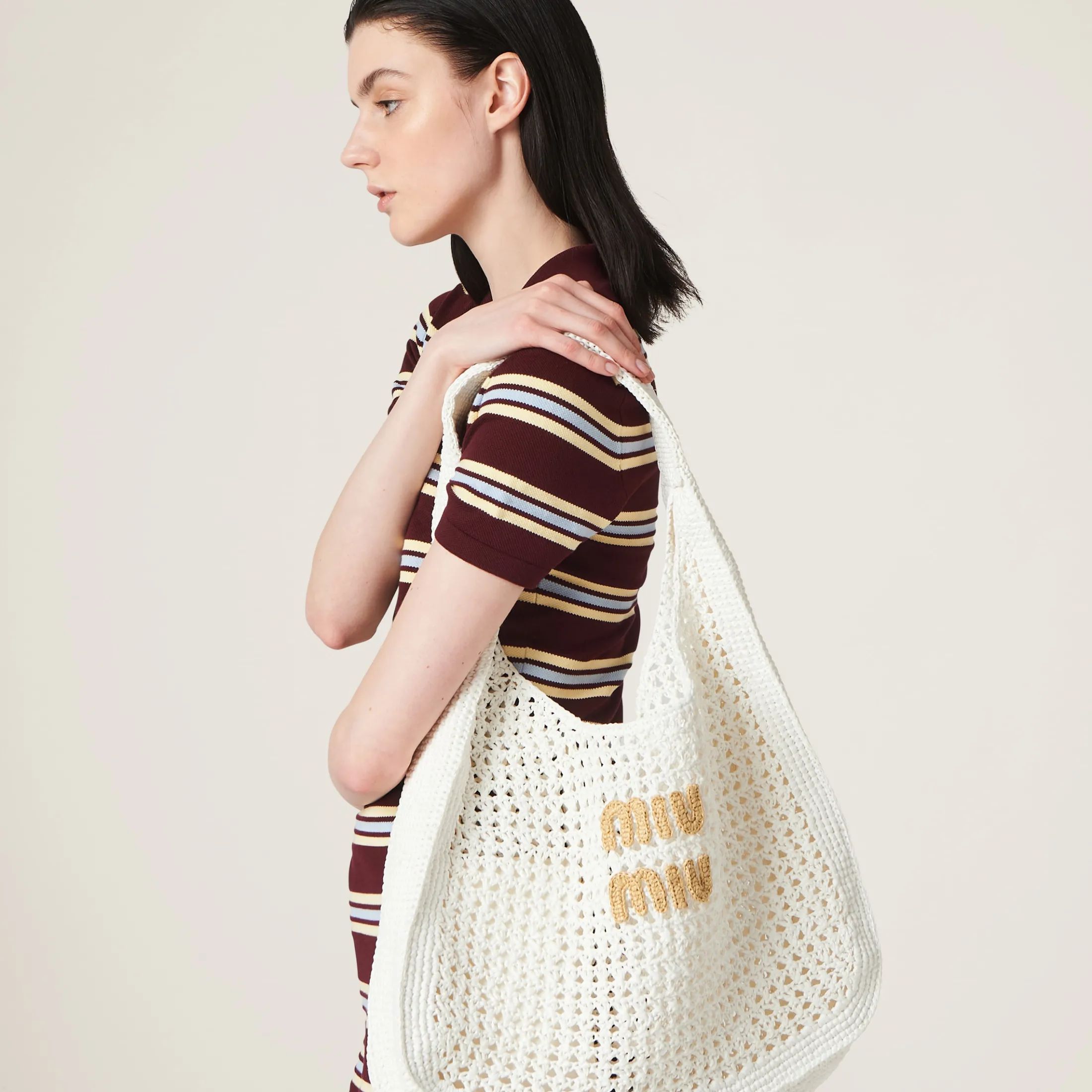 White/beige Woven Fabric Hobo Bag | Miu Miu