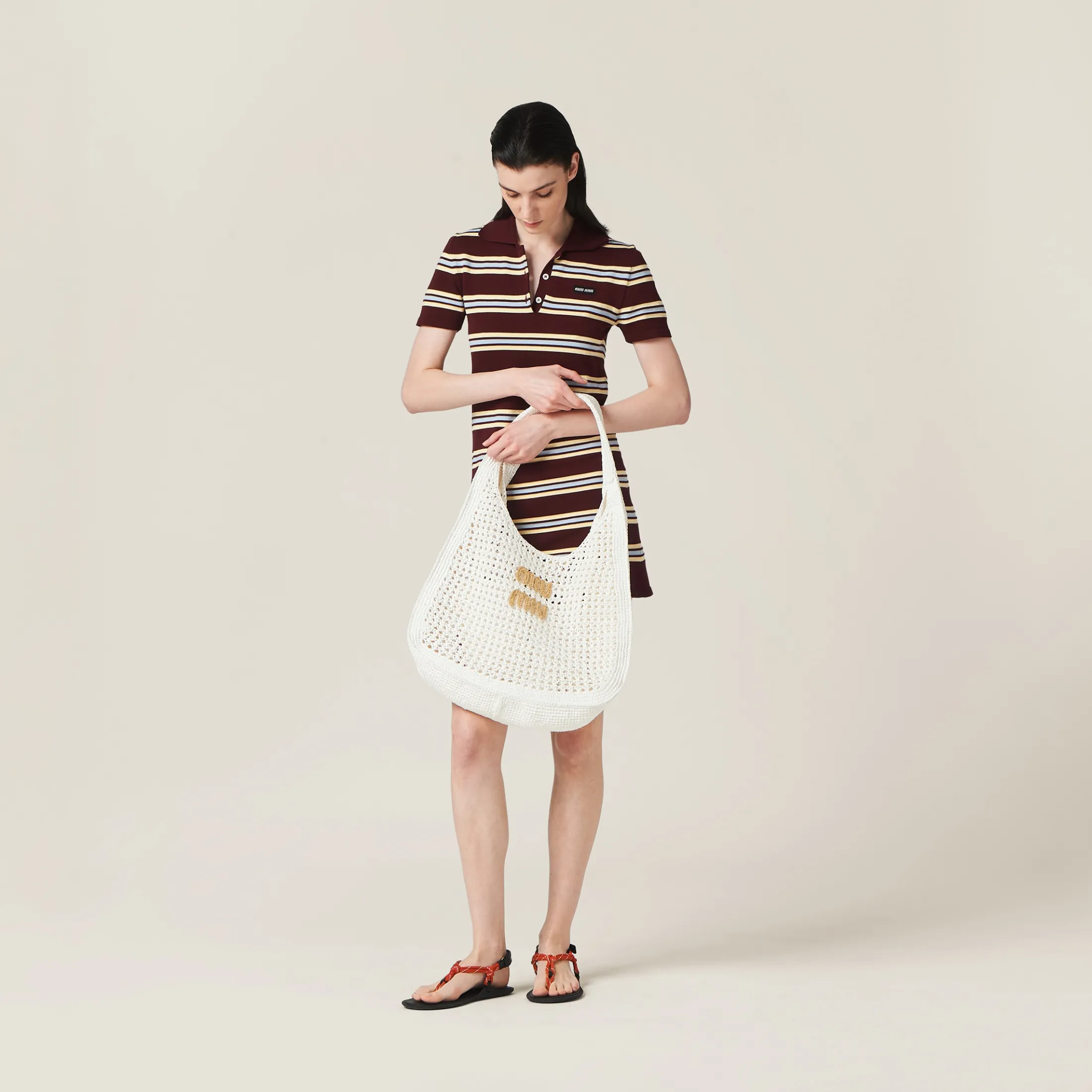White/beige Woven Fabric Hobo Bag | Miu Miu