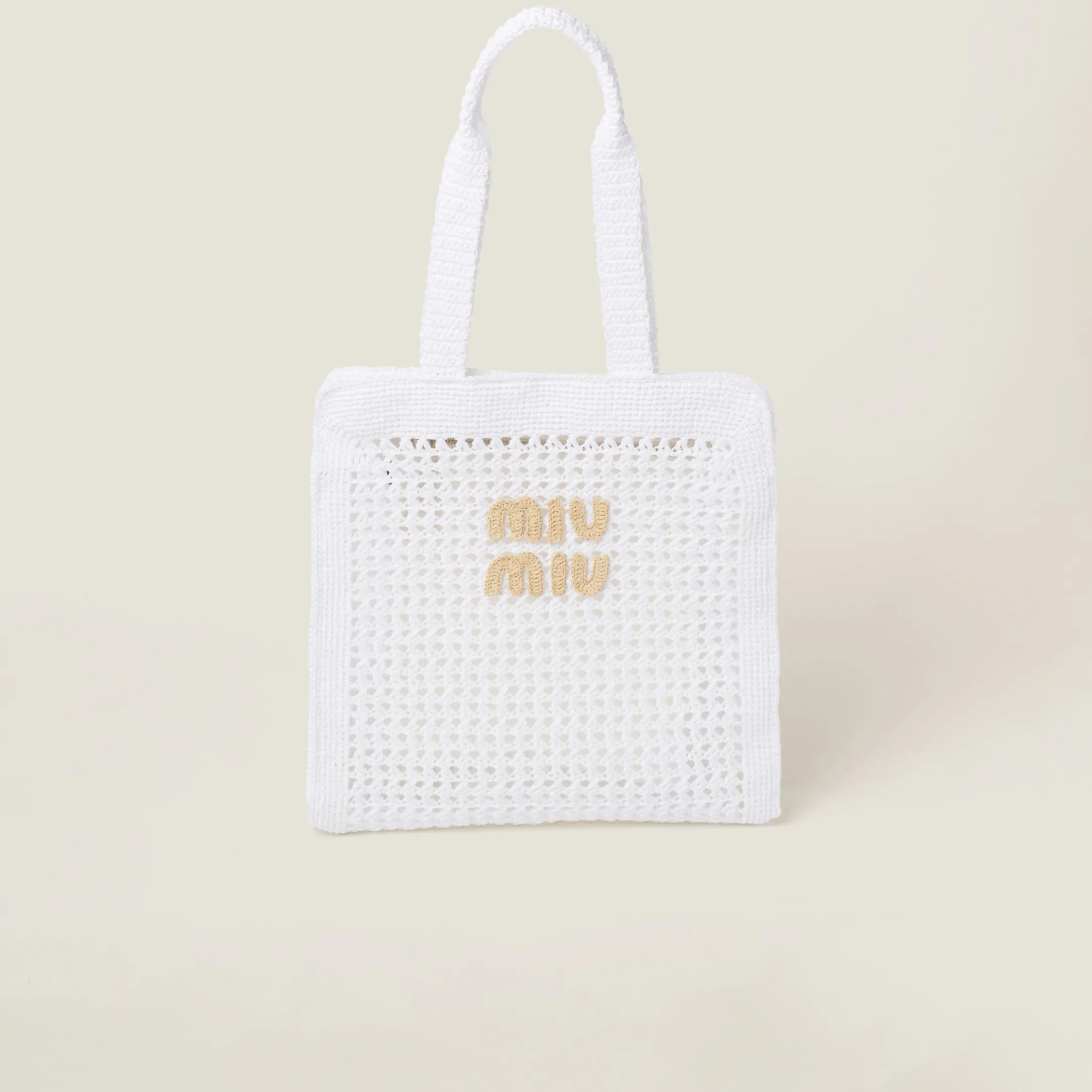 White/beige Woven Fabric Tote Bag | Miu Miu