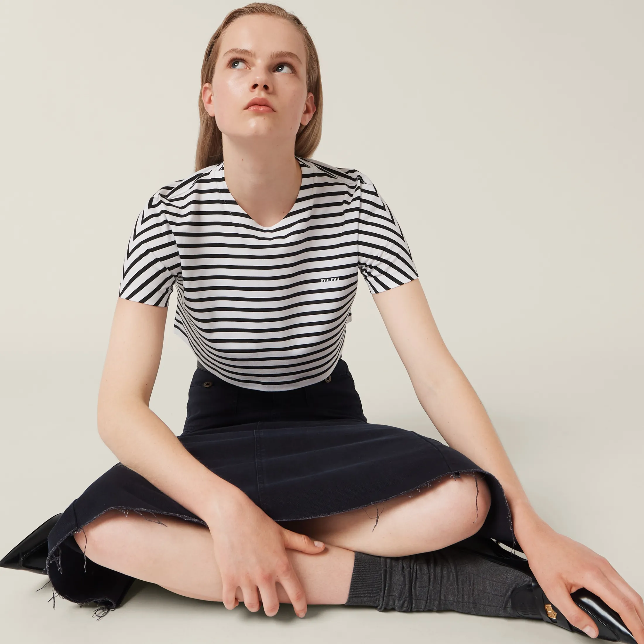 White/black Cotton T-shirt With Printed Logo | Miu Miu