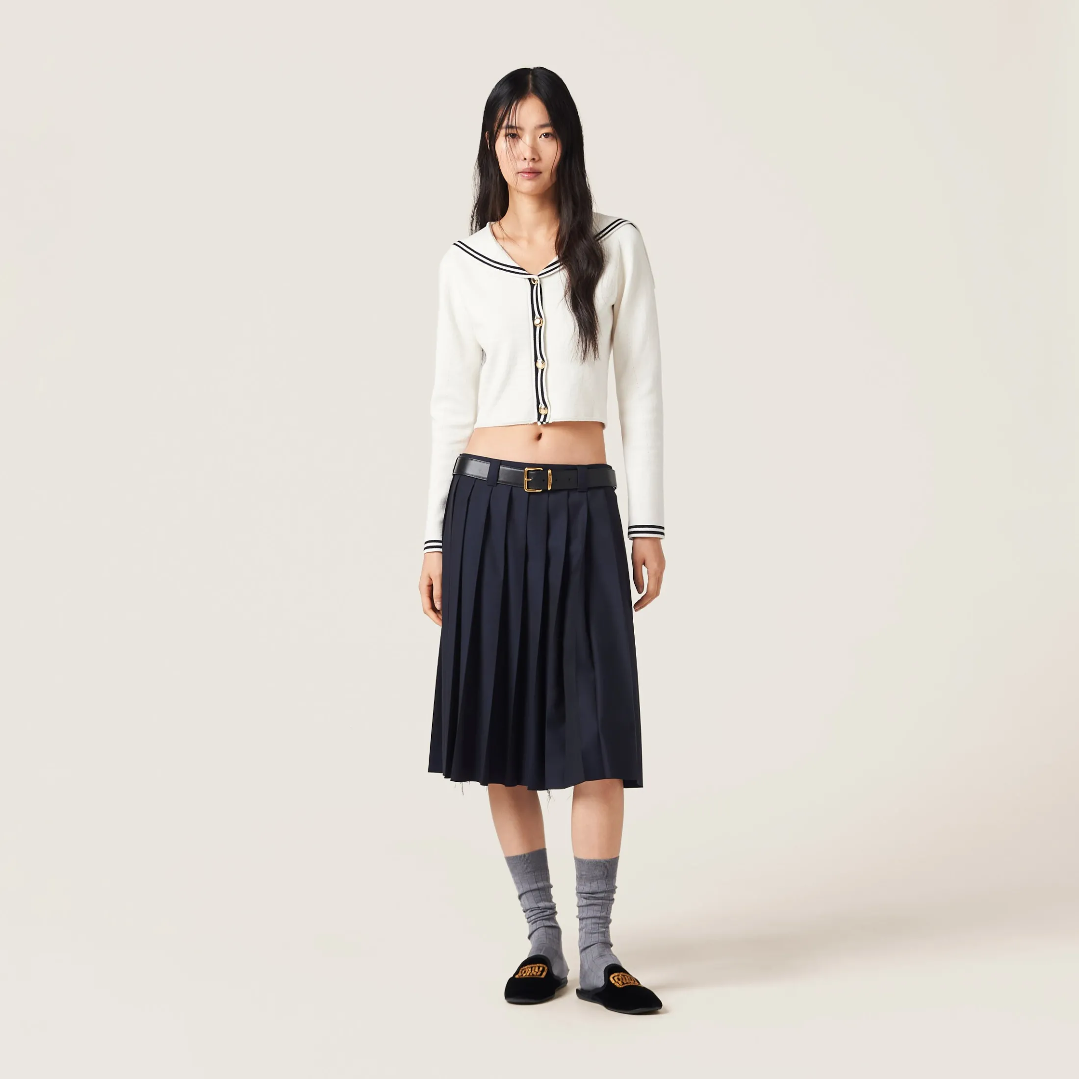 White/blue Cotton Knit Cardigan | Miu Miu