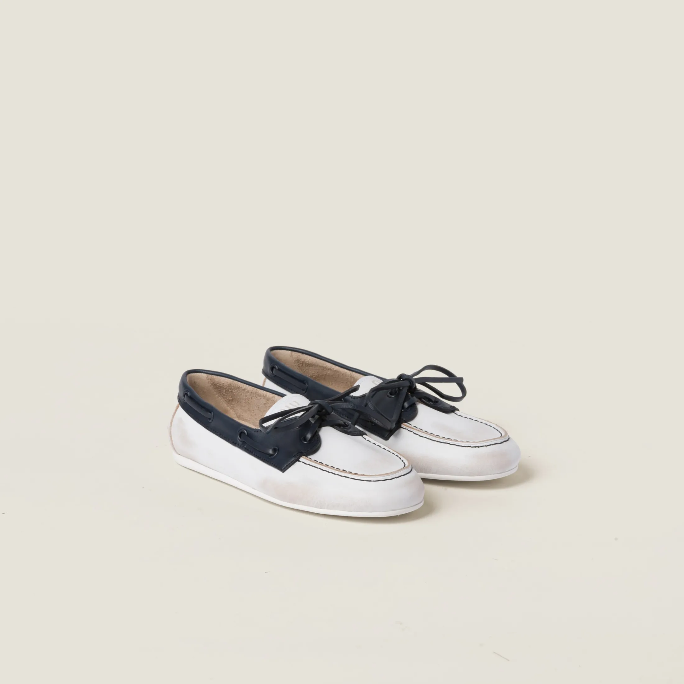White/blue Unlined Bleached Two-tone Leather Loafers | Miu Miu