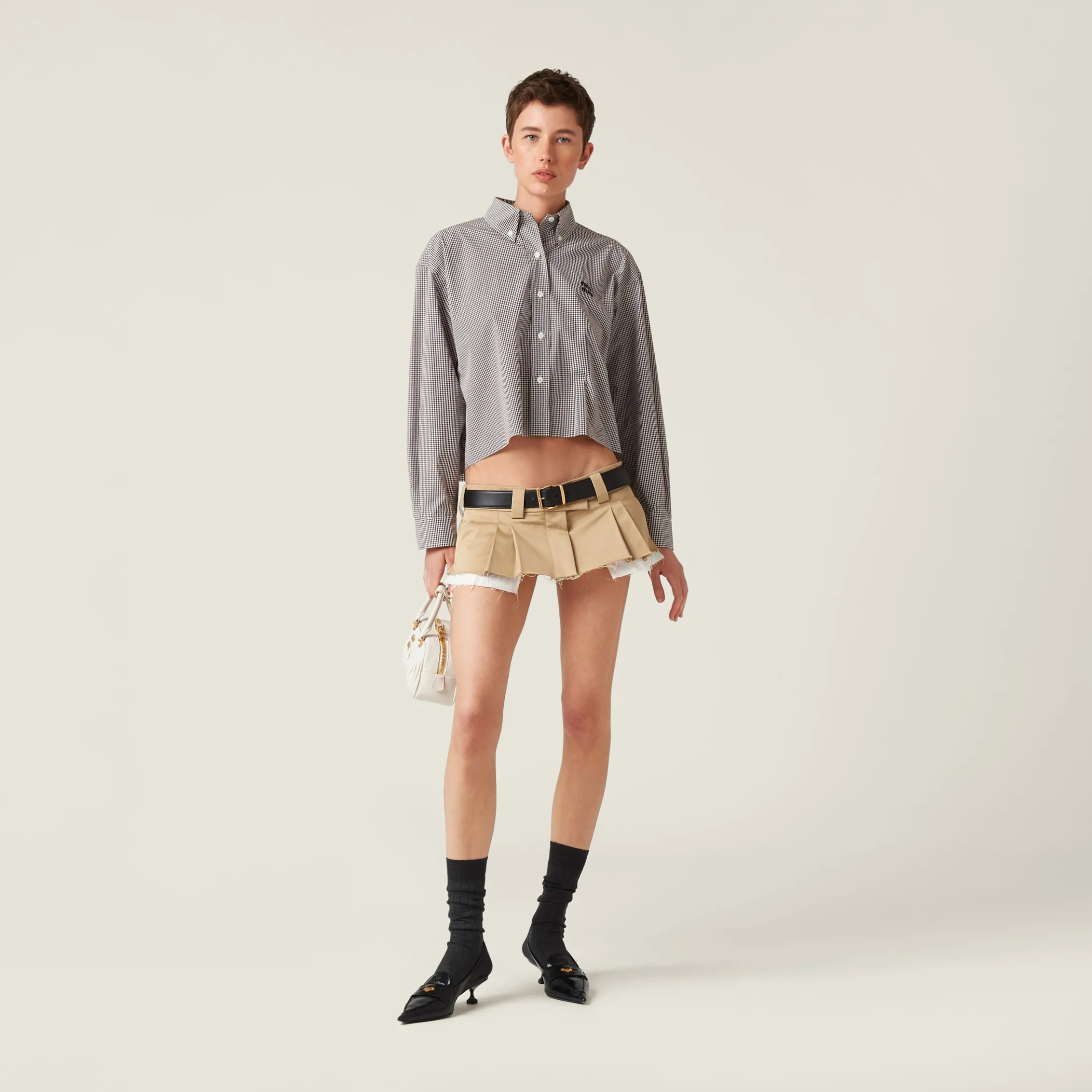 White/cocoa Brown Gingham Check Poplin Shirt | Miu Miu