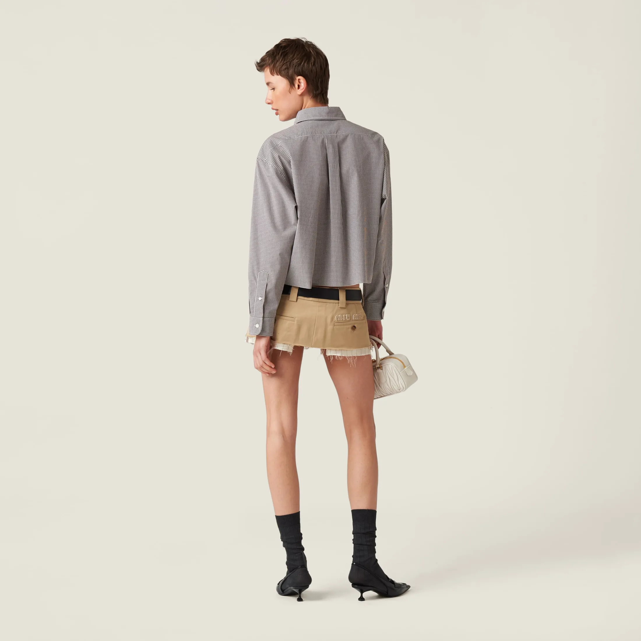 White/cocoa Brown Gingham Check Poplin Shirt | Miu Miu