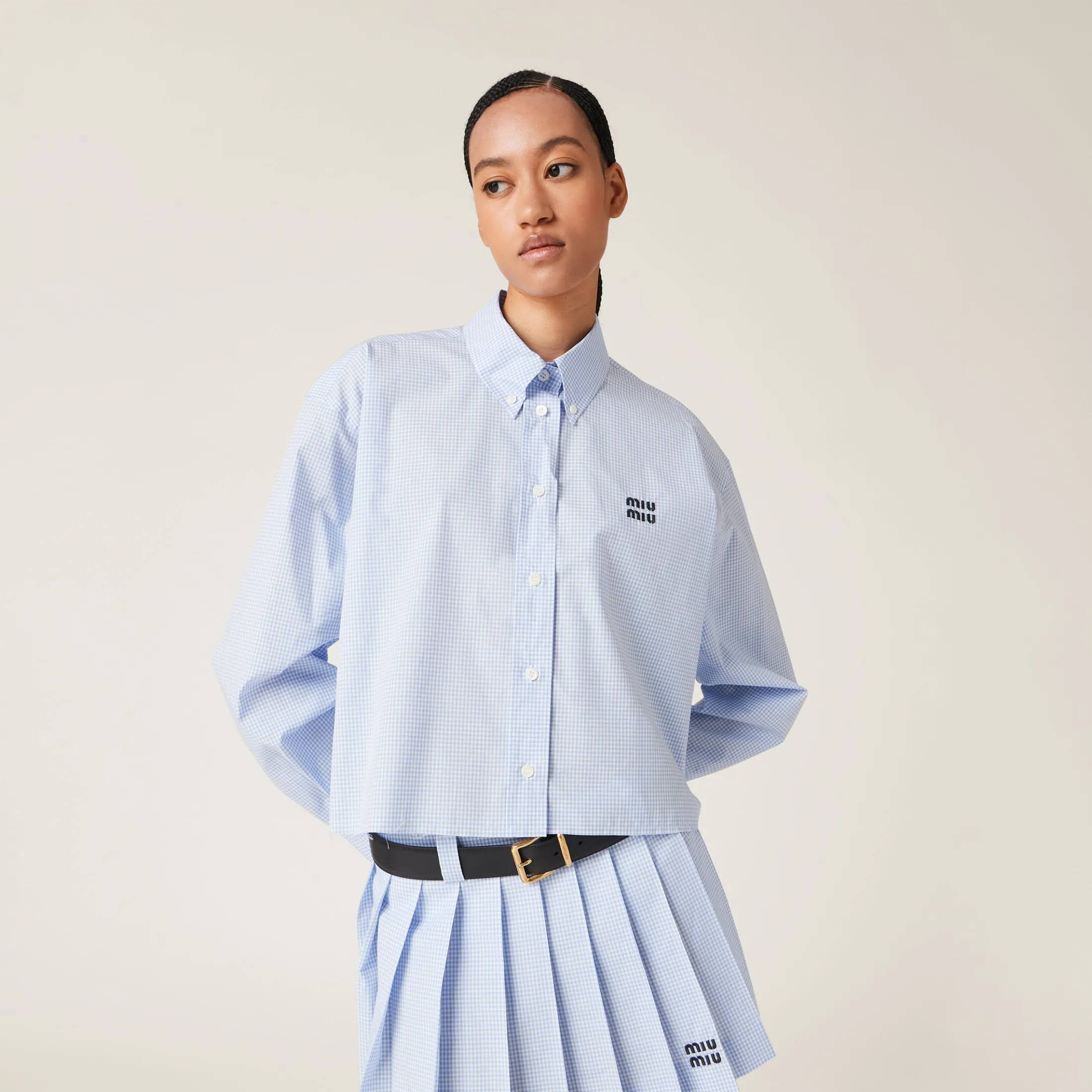 White/light Blue Gingham Check Poplin Shirt | Miu Miu