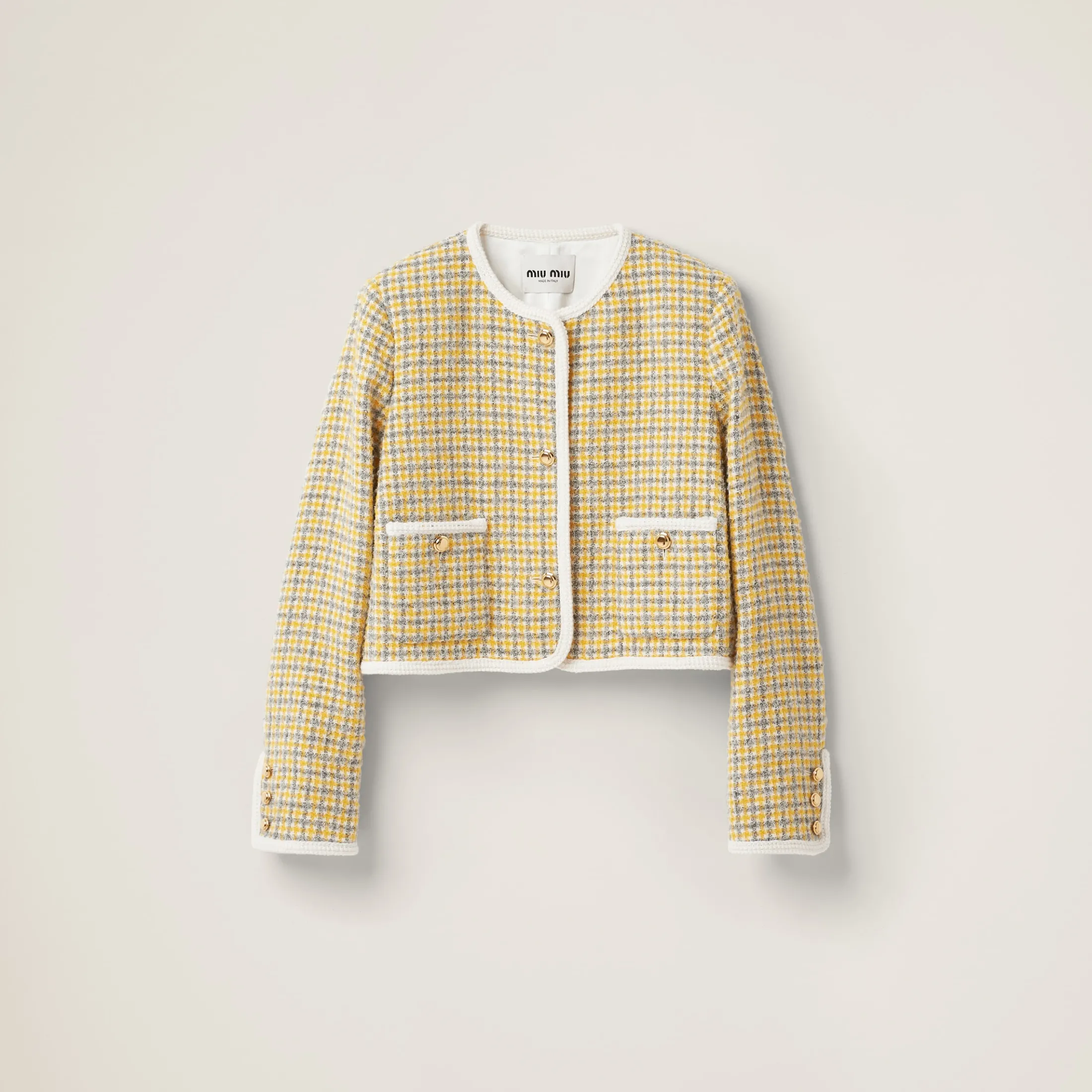 White/yellow Single-breasted Boucle Jacket | Miu Miu