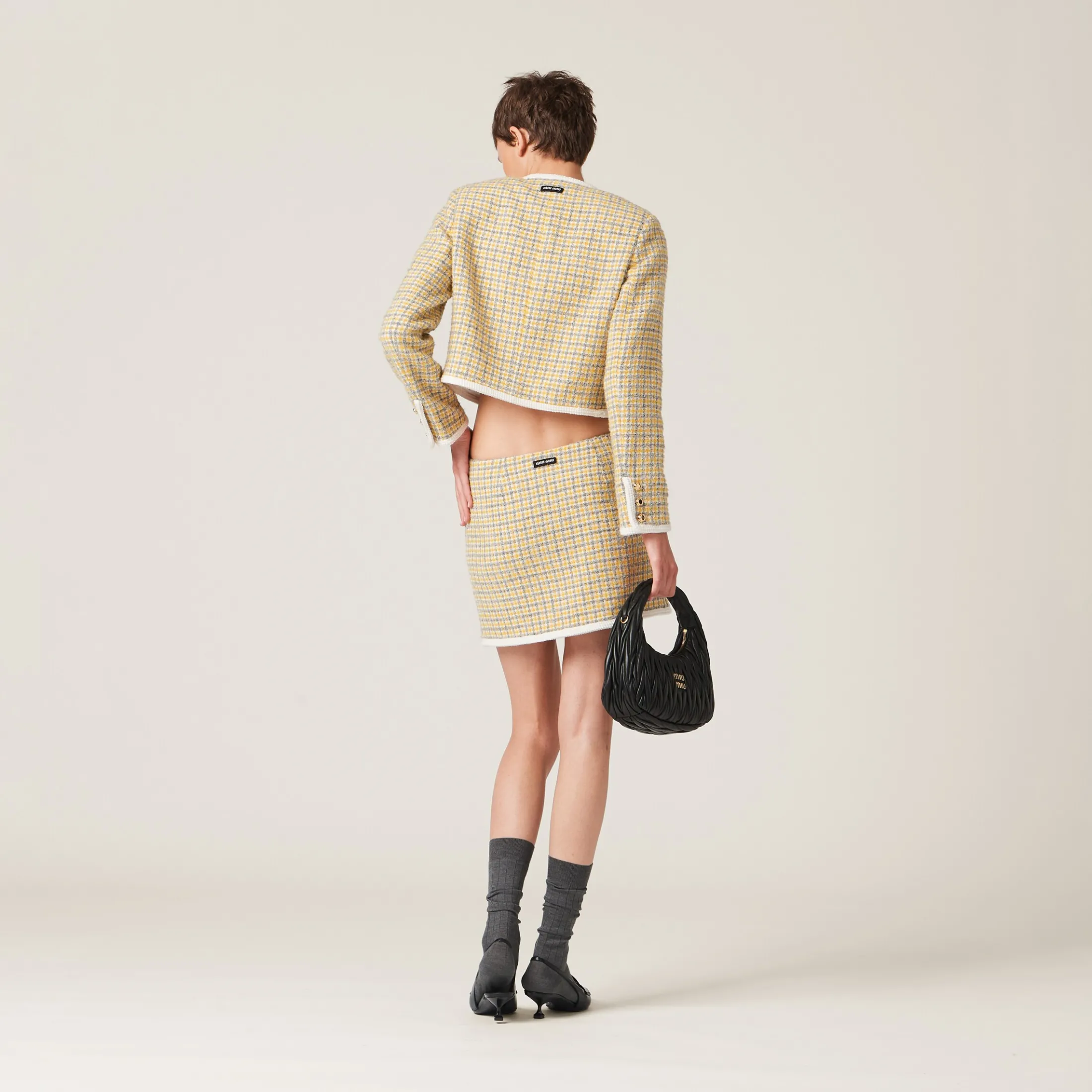 White/yellow Single-breasted Boucle Jacket | Miu Miu