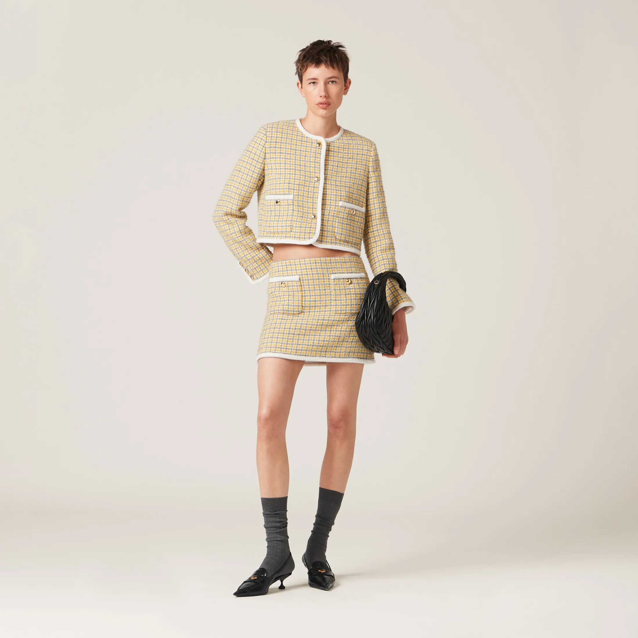 White/yellow Single-breasted Boucle Jacket | Miu Miu